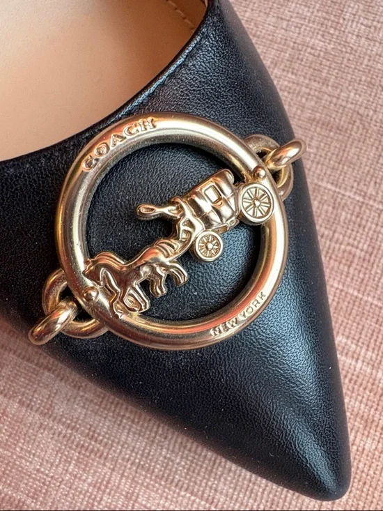 Coach Black Pointed-Toe Leather Heels with Gold Logo Ring - Picture 3 of 6